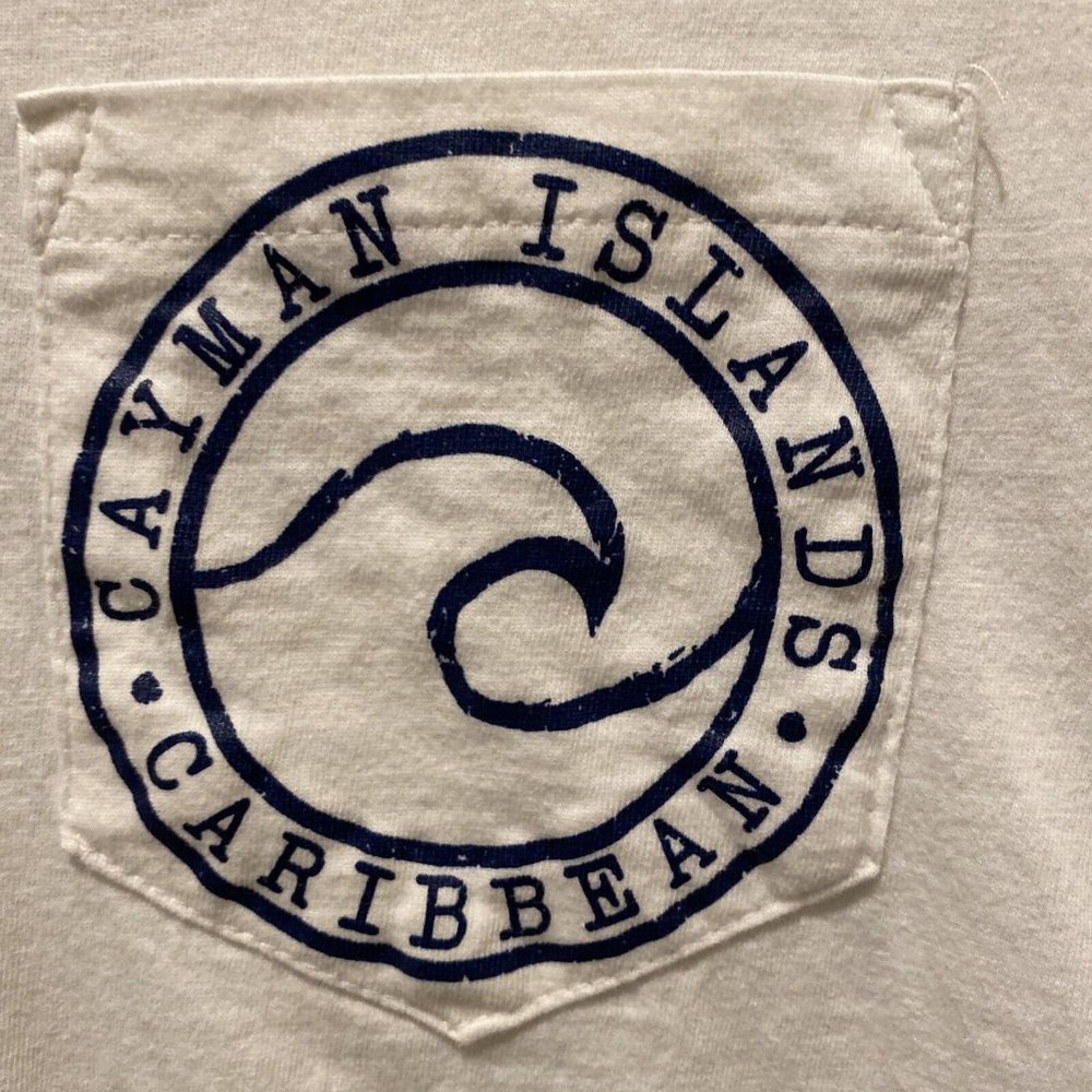 Cayman Islands White Long Sleeve Shirt Size Small Blue Wave Graphic 100% Cotton